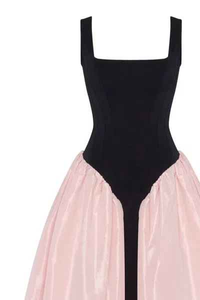 Milla Black Corset Dress On Straps With A Glossy Pink Midi Skirt