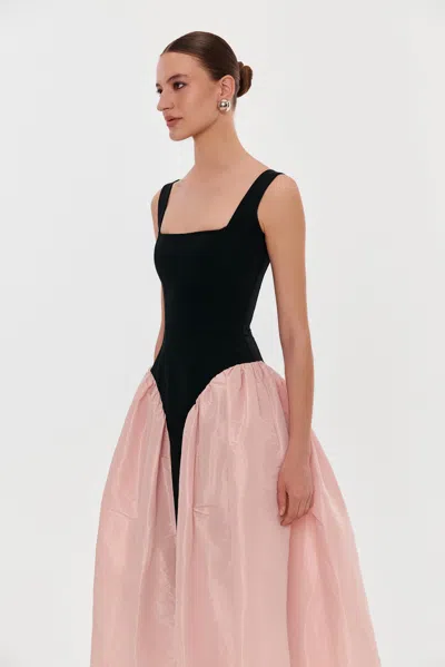 Milla Black Corset Dress On Straps With A Glossy Pink Midi Skirt