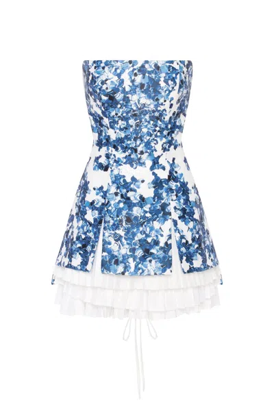 Milla Strapless Blue Hydrangea Mini Dress With Accent Lacing