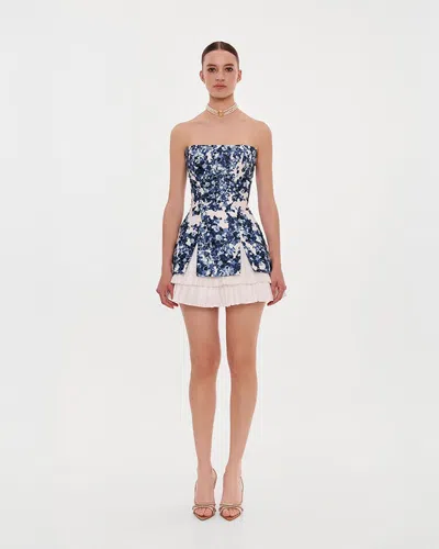 Milla Strapless Blue Hydrangea Mini Dress With Accent Lacing