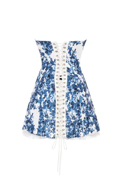 Milla Strapless Blue Hydrangea Mini Dress With Accent Lacing