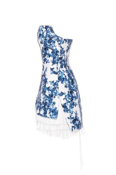 Milla Strapless Blue Hydrangea Mini Dress With Accent Lacing