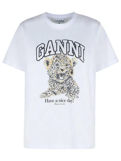 Ganni White T-shirt With Print And Logo Lettering On The Front In Cotton Woman In White