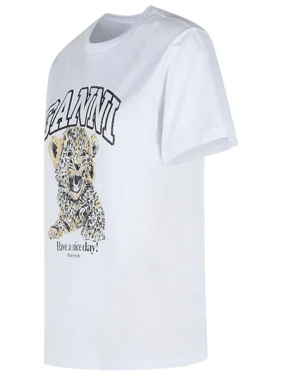 Ganni White T-shirt With Print And Logo Lettering On The Front In Cotton Woman In White