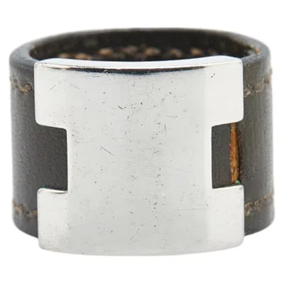 Pre-owned Hermes Khaki Silver Leather Metal Band Ring ()