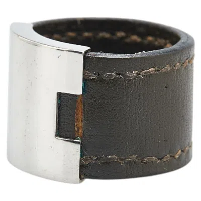 Pre-owned Hermes Khaki Silver Leather Metal Band Ring ()
