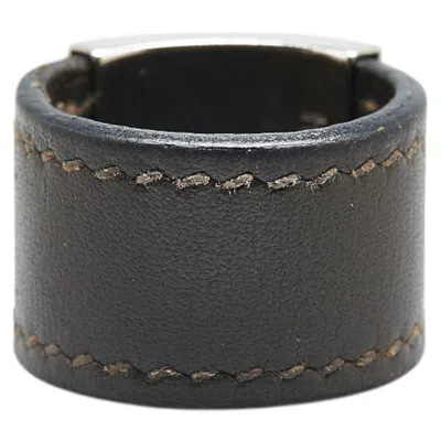 Pre-owned Hermes Khaki Silver Leather Metal Band Ring ()