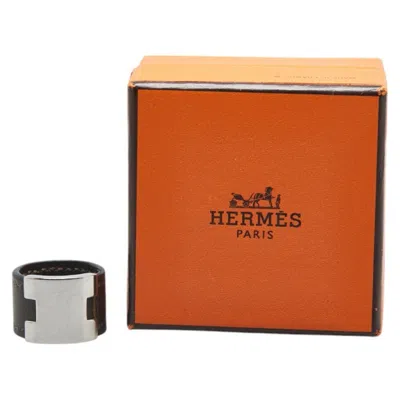 Pre-owned Hermes Khaki Silver Leather Metal Band Ring ()
