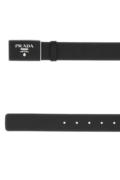 Prada Men Black Leather Belt In Black