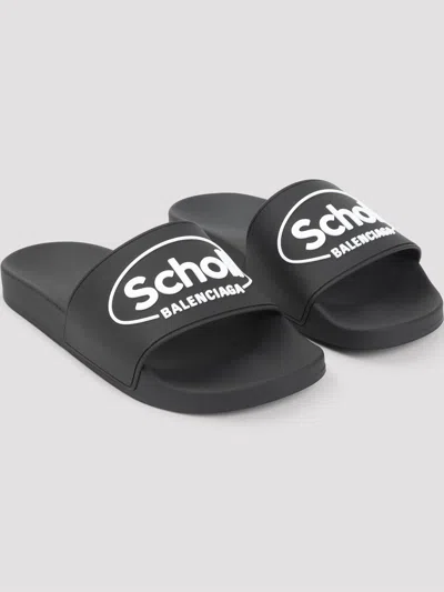 Balenciaga X Scholl Logo Pool Slides In Black