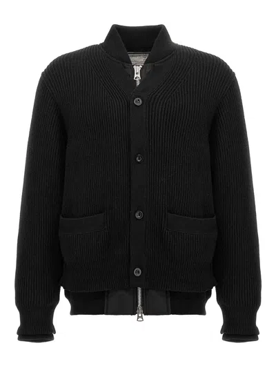 Sacai Cardigan Ribbed Texture Nylon Insert In Black