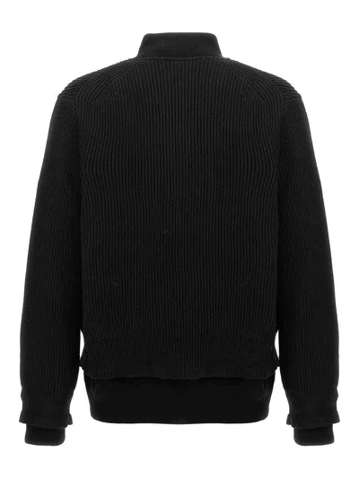 Sacai Cardigan Ribbed Texture Nylon Insert In Black
