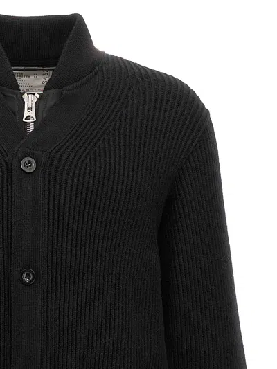 Sacai Cardigan Ribbed Texture Nylon Insert In Black