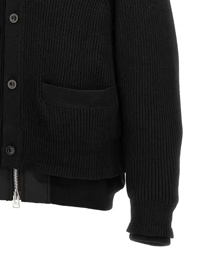 Sacai Cardigan Ribbed Texture Nylon Insert In Black