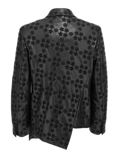 Comme Des Garçons Floral Embroidered Asymmetric Faux Leather Jacket