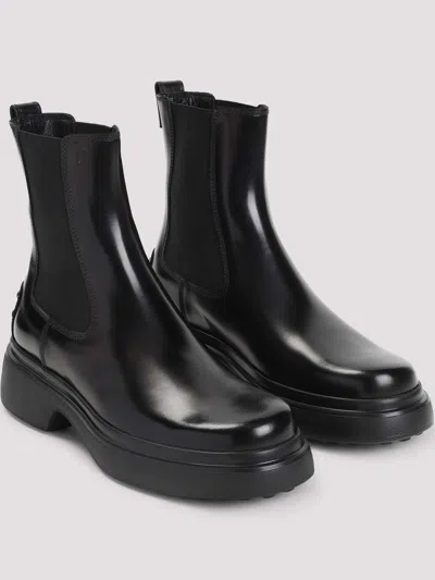 Tod's Black Leather Ankle Boots With Elastic Panels