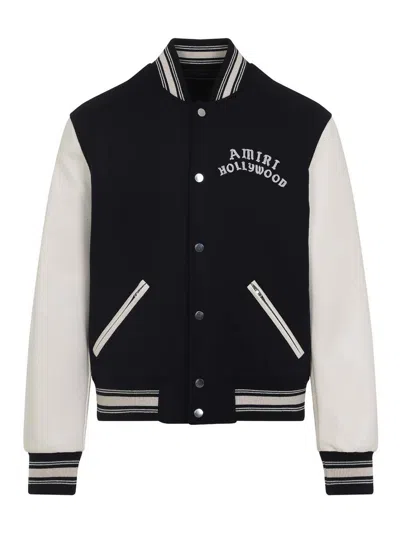 Amiri Mens Hollywood Embroidered-text Wool-leather Blend Bomber Jacket Black Xl In Black