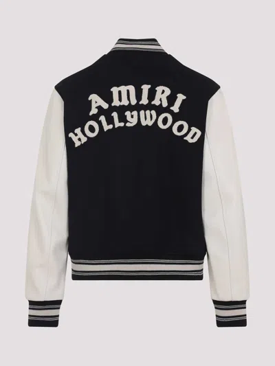 Amiri Mens Hollywood Embroidered-text Wool-leather Blend Bomber Jacket Black Xl In Black