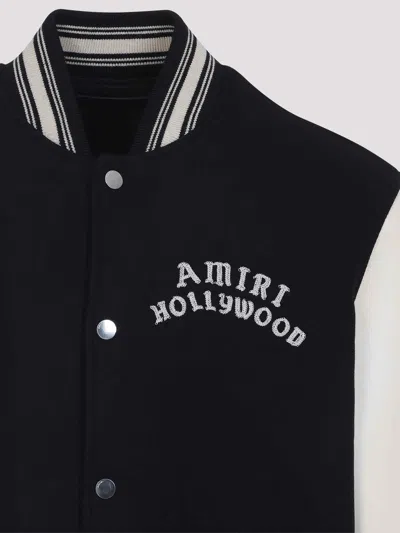 Amiri Mens Hollywood Embroidered-text Wool-leather Blend Bomber Jacket Black Xl In Black