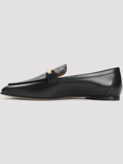 Tod's Black Calfskin Women's Loafers With Metallic Band