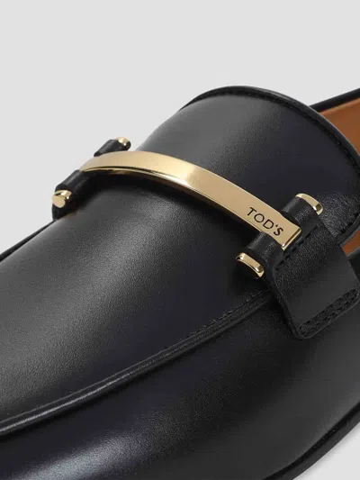 Tod's Black Calfskin Women's Loafers With Metallic Band