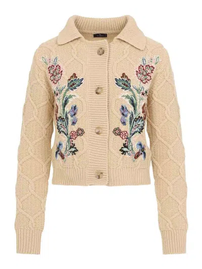 Etro Embroidered Cable-knit Wool And Cashmere-blend Cardigan In Neutral