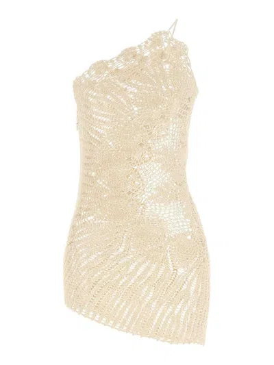 Magda Butrym Mini Crochet Lace Dress With Asymmetric Hem In Gold