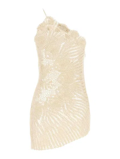 Magda Butrym Mini Crochet Lace Dress With Asymmetric Hem In Gold