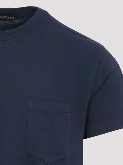 Tom Ford Indigo Blue Cotton T-shirt With Chest Pocket And Crew Neck