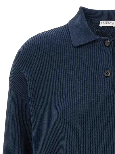 Brunello Cucinelli Ribbed-knit Cotton Polo Shirt In Blue