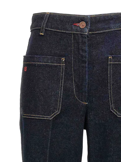 Victoria Beckham Wide Leg High Rise Jeans With Contrast Stitching In Blue