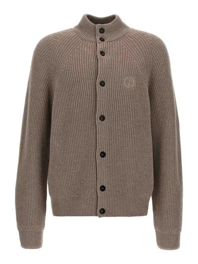 Giorgio Armani Ribbed Texture High Neck Cardigan With Front Pockets In Brown