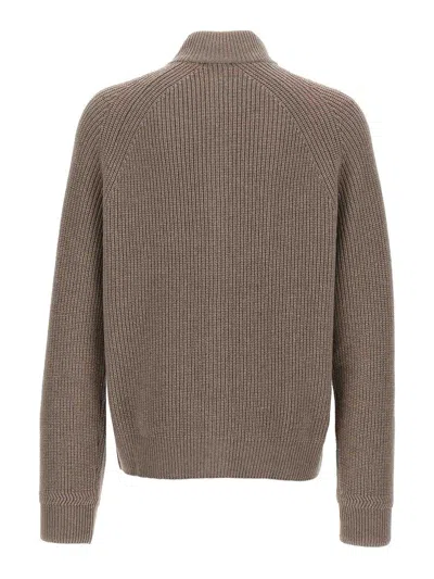 Giorgio Armani Ribbed Texture High Neck Cardigan With Front Pockets In Brown