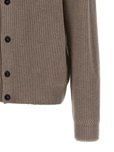 Giorgio Armani Ribbed Texture High Neck Cardigan With Front Pockets In Brown