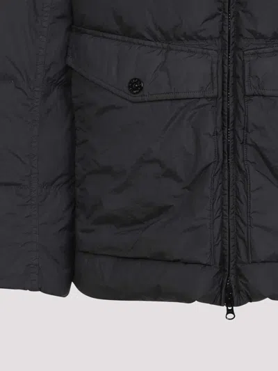 Stone Island Blue Down Jacket With Drawstring Hood And Logo Patch On The Sleeve In Tech Fabric Man In Black