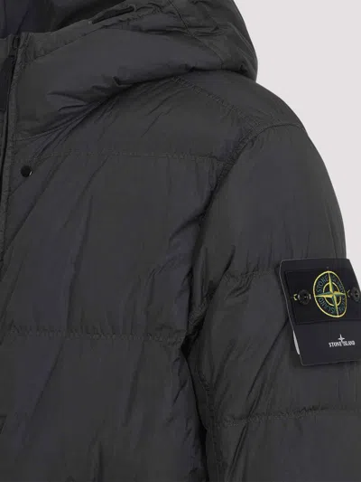 Stone Island Blue Down Jacket With Drawstring Hood And Logo Patch On The Sleeve In Tech Fabric Man In Black