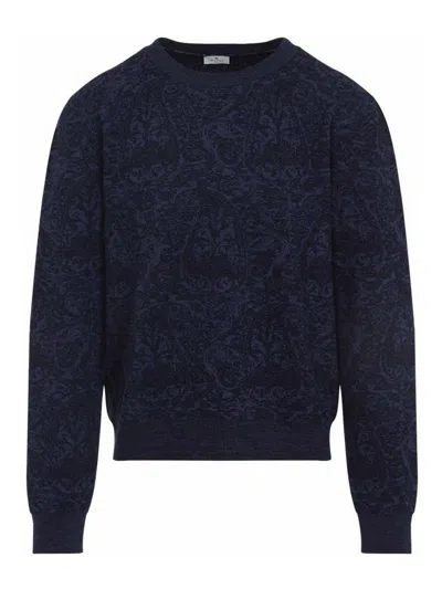 Etro Blue Sweater With Paisley Print In Cotton-wool Blend
