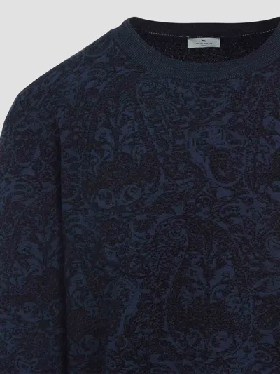 Etro Blue Sweater With Paisley Print In Cotton-wool Blend