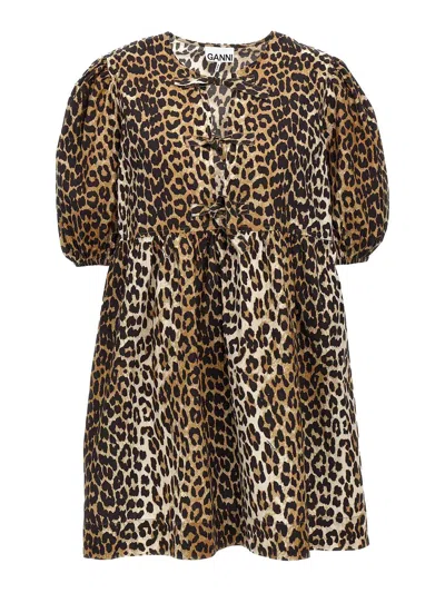 Ganni Printed Tie String Poplin Mini Dress