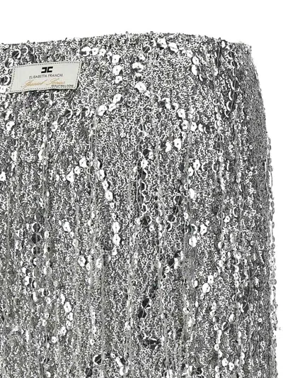 Elisabetta Franchi Sequin Tulle Skirt With Fringe And Metallic Finish