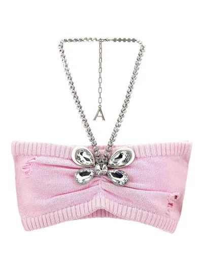 Area Crystal Butterfly Knit Bandeau Tops Pink