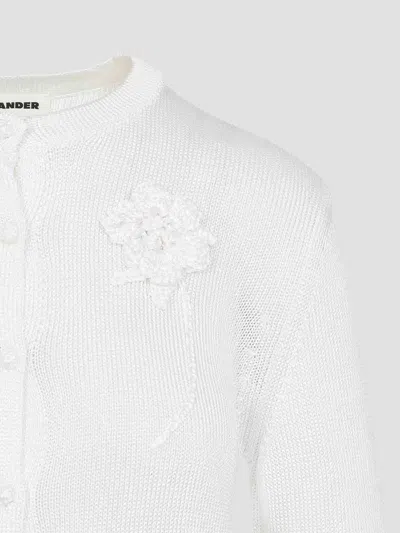 Jil Sander Button-up White Viscose Sweater With Floral Embellishment