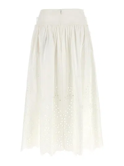Self-portrait White Midi Skirt With Side Gathered Details And All-over Embroidery In Cotton Woman