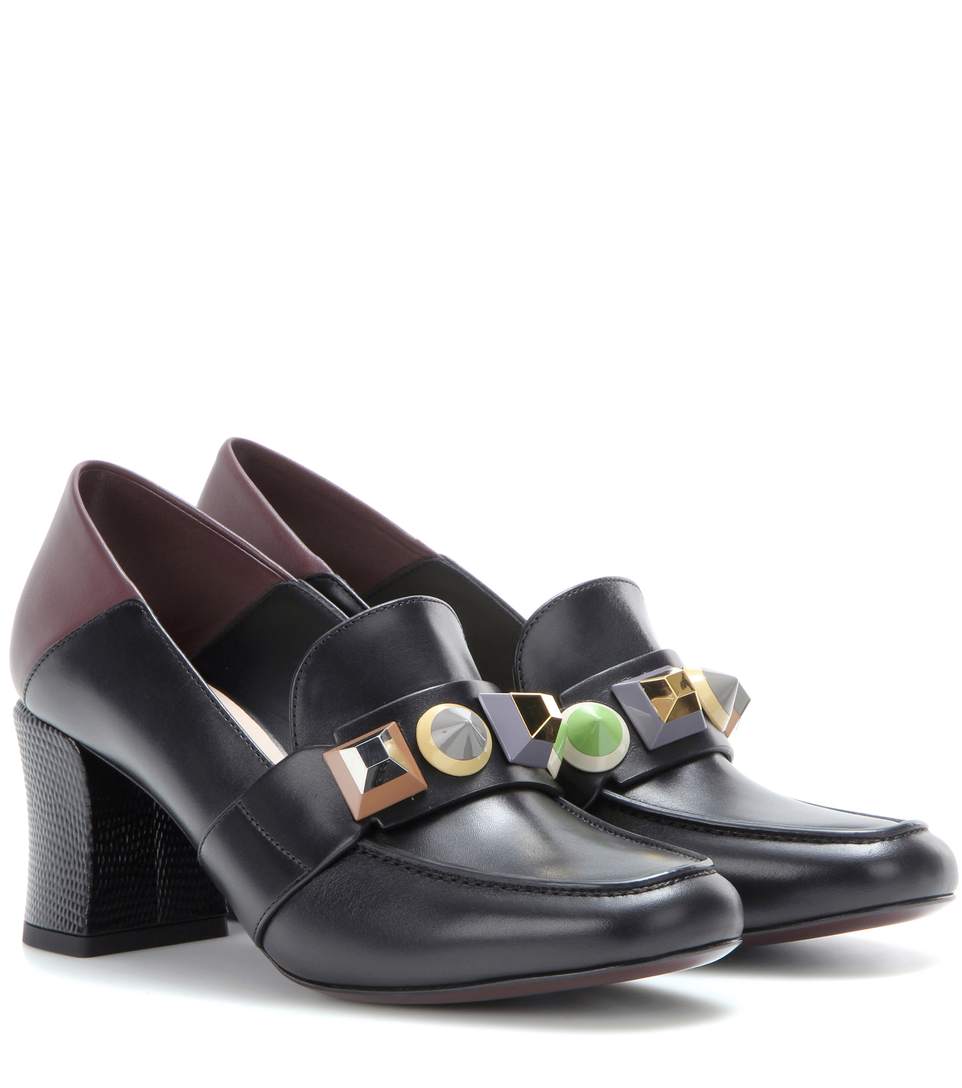 Fendi Rainbow Studded Leather Block Heel Loafer Pumps In Llack | ModeSens