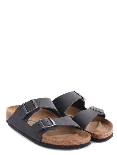 Birkenstock Black Leather Arizona Slippers In Gray