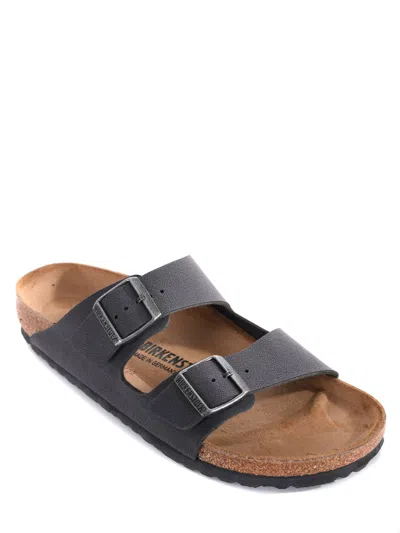 Birkenstock Black Leather Arizona Slippers In Gray