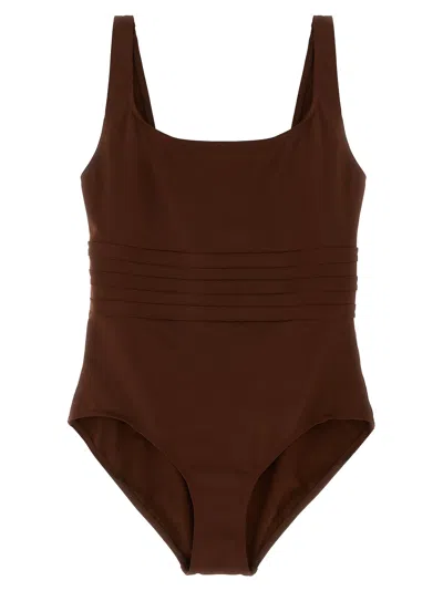 Eres Ribbed Square Neckline Wide Straps Swimsuit In Brown