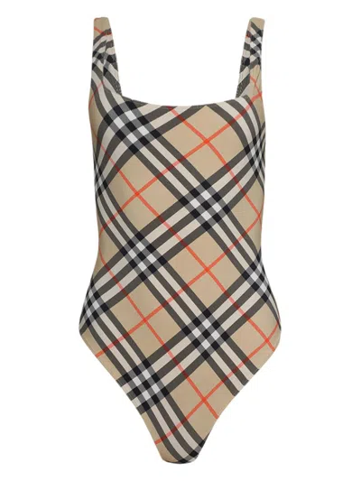 Burberry Women Nylon One-piece Swimsuit With Check Print In Neutral