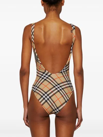 Burberry Women Nylon One-piece Swimsuit With Check Print In Neutral