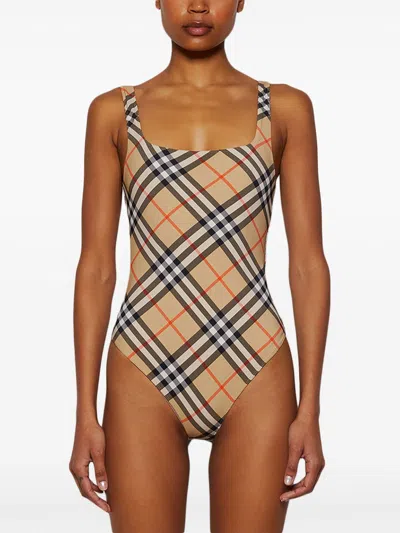 Burberry Women Nylon One-piece Swimsuit With Check Print In Neutral